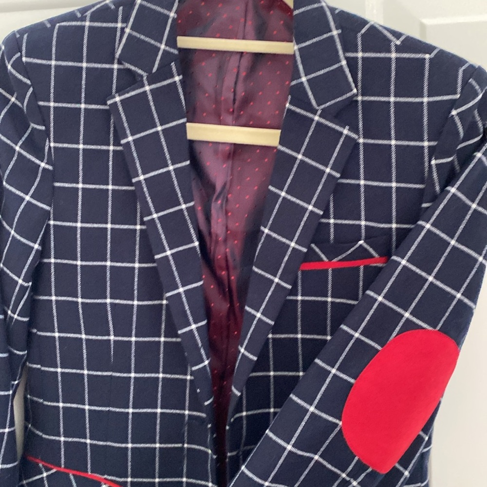 Sahara Club Navy Blue Large Check Blazer - Red Elbow Patches. Boys Size 12